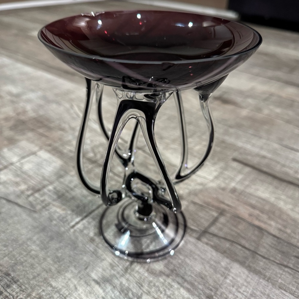 Vintage Jozefina Krosno handblown amethyst art glass jellyfish compote dish.